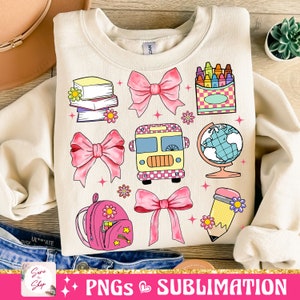 May include: A sublimation design featuring a school bus, books, a globe, crayons, a pencil, a backpack, and bows. The design is in a cartoon style with bright colors.