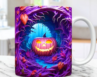 3D Spooky Pumpkin Halloween Mug Wrap, 3D Cracked Hole Halloween Mug Wrap Sublimation Design PNG, 3D Purple Pumpkin 11oz and 15oz Mug Wrap