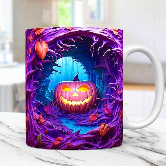 3D Spooky Pumpkin Halloween Mug Wrap, 3D Cracked Hole Halloween Mug Wrap Sublimation Design PNG, 3D Purple Pumpkin 11oz and 15oz Mug Wrap