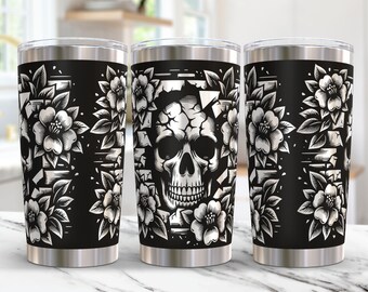 Schädel Tumbler Wrap Laser svg, Schädel mit Blume 20 Unze Tumble Wrap svg Design, Laser-Gravur-Svg, 20 Unze Blumen gravierte Tumbler Laser-Datei