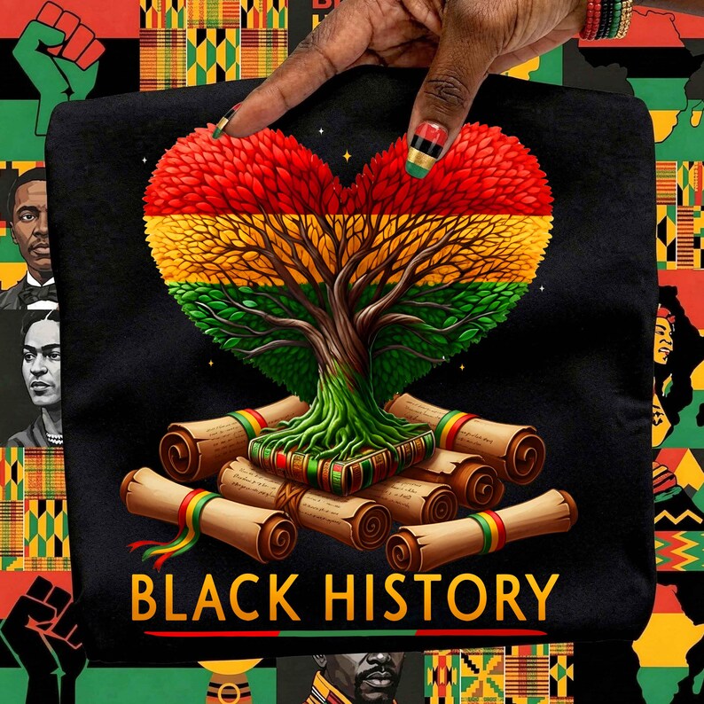 Puede incluir: Camiseta negra con un dise&ntilde;o de &aacute;rbol en forma de coraz&oacute;n en rojo, amarillo y verde, con las palabras "BLACK HISTORY" en la parte inferior. El dise&ntilde;o incluye pergaminos y un &aacute;rbol con ra&iacute;ces. El fondo presenta patrones africanos.