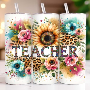 Zonnebloemen leraar beker wrap 20oz magere beker png sublimatie ontwerp, leraar waardering beker png, terug naar school beker omslag