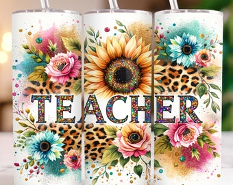 Envoltura para vaso de maestro de girasoles, vaso delgado de 20 oz, diseño de sublimación PNG, vaso de agradecimiento para maestros PNG, envoltura para vaso de regreso a la escuela