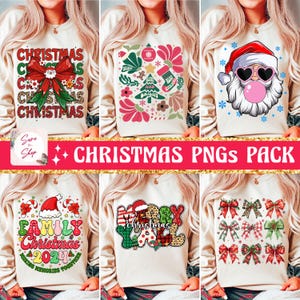 May include: A set of six digital designs featuring Christmas-themed graphics. The designs include a Santa Claus with sunglasses and a bubble, a Christmas tree with ornaments, a family Christmas design with the year 2024, a Merry Christmas design with a plaid pattern, a design with a bow pattern, and a design with the word "Christmas" repeated multiple times.