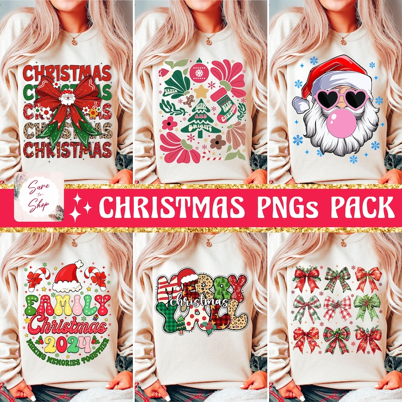 May include: A set of six digital designs featuring Christmas-themed graphics. The designs include a Santa Claus with sunglasses and a bubble, a Christmas tree with ornaments, a family Christmas design with the year 2024, a Merry Christmas design with a plaid pattern, a design with a bow pattern, and a design with the word "Christmas" repeated multiple times.