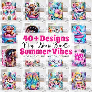 May include: A collection of 40+ summer themed mug wrap designs. The designs feature bright colors, tropical flowers, animals, and summer-related text. The designs are for 11 oz and 15 oz sublimation mugs.