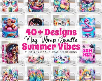 Zomer mok wrap bundel, Summer Vibes 11oz & 15oz mok sjabloon, mok sublimatie ontwerp, strand mok wrap sjabloon, digitale download