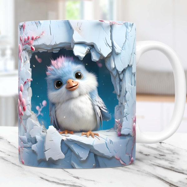 3D Winter Bird Mug Wrap Sublimation Design PNG, 3D Bird In A Snowy Wall Mug Wrap 11oz and 15oz Coffee Mug Wrap, Digital Download