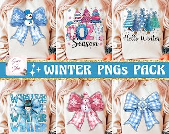 May include: Six different winter-themed designs for sublimation on a cream-colored sweatshirt. The designs include a snowman with a blue bow, a snowman with a pink bow, a blue bow with snowflakes, a pink bow with snowflakes, a group of Christmas trees with the text "Cozy Season", and a group of Christmas trees with the text "Hello Winter".