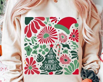 Vrolijk en helder png, boho bloemen kerst clipart, kerst handgetekende png, vrolijk kerstfeest png, kerstboom png, girly kerst png