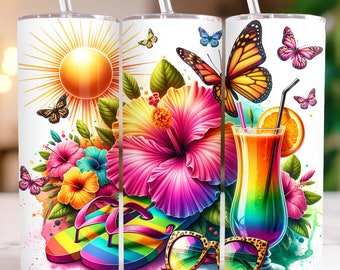 Summer Tumbler Wrap 20oz Skinny Sublimation Tumbler Design, Watercolor Hibiscus Summer Tumbler Wrap, Flip Flop Tumbler Png, Digital Download