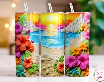 3D Beach Flowers Sunset 20 oz Tumbler Wrap, Skinny Tumbler Sublimation Design, Straight & Tapered Tumbler PNG, Instant Digital Download