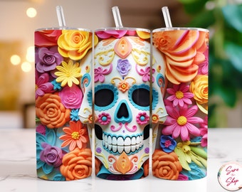 3D Sugar Skull Tumbler Wrap, 20 oz Skinny Tumbler Sublimation Designs Straight & Tapered Tumbler PNG, Instant Digital Download