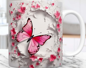 3D Butterfly Mug Wrap, 3D Crack In A Wall Mug Wrap, Pink Flower Mug Sublimation Design Mug Template PNG, 11oz & 15oz Coffee Cup Template
