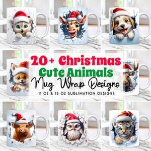 Christmas Animals Mug Wrap Bundle 3D Christmas Mug Wrap Sublimation Designs PNG 11oz & 15oz Coffee Cup Template Cute Animal Mug Press Design