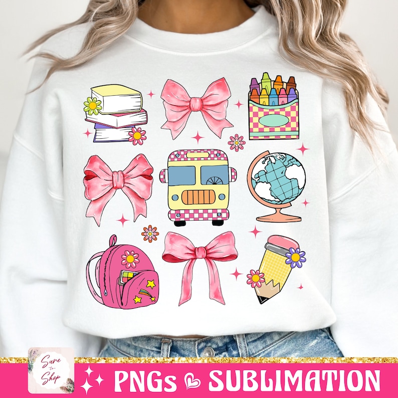 May include: A set of 10 colorful school-themed illustrations, including a school bus, a globe, a pencil, a backpack, books, crayons, and bows. The illustrations are in a cartoon style and are perfect for use in school-related projects.