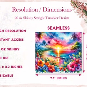 May include: A digital design featuring a colorful sunset over a tropical beach with palm trees and flowers. The design is seamless and can be used to create a 20 ounce skinny straight tumbler. The design is 9.3 inches wide and 8.2 inches tall.
