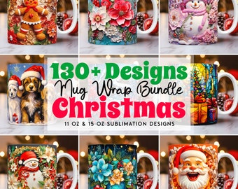130 Cute Christmas Mug Wrap Bundle, Mug Wrap Sublimation Designs PNG, 11oz and 15oz Mug Template, 3D Christmas Mug Wrap