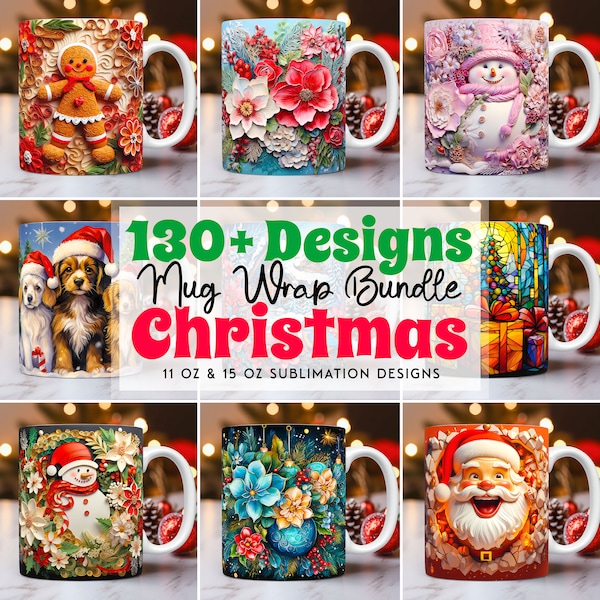 Lot de 130 emballages de mugs de Noël mignons, Mug Wrap sublimation designs PNG, modèle de tasse 11 oz et 15 oz, emballage de tasse de Noël 3D