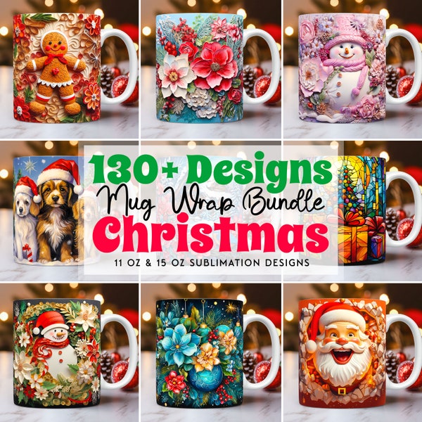 Lot de 130 emballages de mugs de Noël mignons, Mug Wrap sublimation designs PNG, modèle de tasse 11 oz et 15 oz, emballage de tasse de Noël 3D