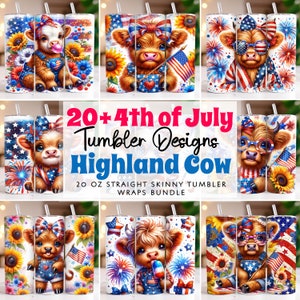 4th Of July Highland Cow Bundle Patriotic 20 oz Skinny Tumbler Sublimation Designs PNG, Highland Cow Tumbler Wrap, 4th Of July Tumbler Wrap