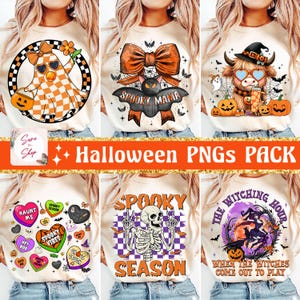 Op de afbeelding: Een verzameling van zes Halloween-thema PNG-ontwerpen op crèmekleurige T-shirts. Ontwerpen omvatten een spook met zonnebril, een vleermuis met een strik, een Schotse hooglander, snoepharten, een skelet en een heks. De tekst "Halloween PNGS PACK" is ook aanwezig.