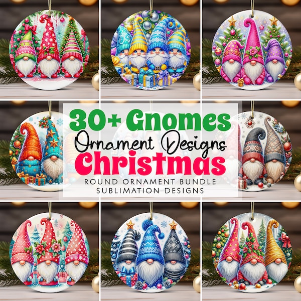 Gnomes Christmas Ornament Bundle PNG Sublimation Designs Cute Christmas Round Ornament PNG Template, Instant Digital Download
