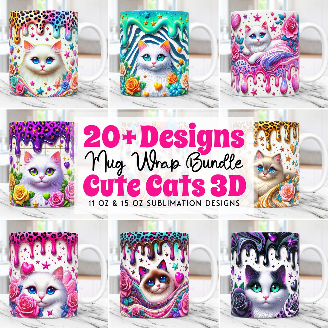 3D Cats Mug Wrap Bundle, Cat Lovers Mug Wrap Sublimation Designs PNG ...