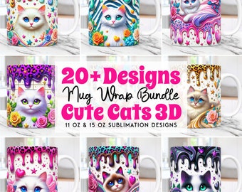 Pacchetto di involucri per tazze con gatti 3D, involucri per tazze con amanti dei gatti, design a sublimazione PNG, modello per tazza da caffè da 11 e 15 once, design per pressa per tazze con gatto carino 3D