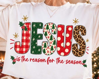 Christmas Christian PNG, Preppy Xmas Shirt Design, Trendy Coquette Christmas PNG, Jesus is The Reason for The Season Png, Hand Drawn