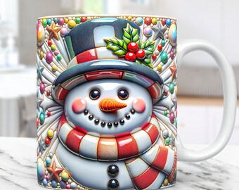 3D Aufgeblasener Schneemann Becher Wrap Weihnachtsbecher Wrap Sublimationsdesign PNG 15 Unzen und 11 Unzen Kaffeetasse Vorlage 3D Blumen Schneemann Becher Pressendesign