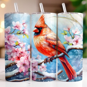 Red Cardinal Tumbler Wrap Weihnachtsvogel 20 Unzen Skinny Tumbler Sublimation Design Floral Straight & Tapered Tumbler PNG, digitaler Download