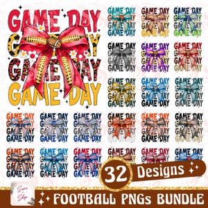 May include: A set of 32 digital designs featuring a football and a bow with a leopard print background. The text "GAME DAY" is repeated in various colours and patterns.