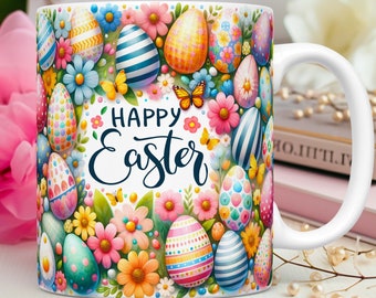 Happy Easter Mug Wrap, Cute Mug Wrap Sublimation Design PNG, Easter Bunny Egg 11oz 15oz Coffee Cup Template, Easter Mug Press Design