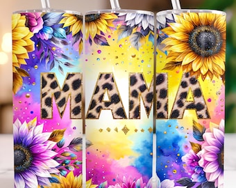 Mama Tumbler Wrap 20 oz Skinny Tumbler PNG Mom Sunflowers Sublimation Design Mama Glitter Leopard Mothers Day Tumbler Wrap, Digital Download