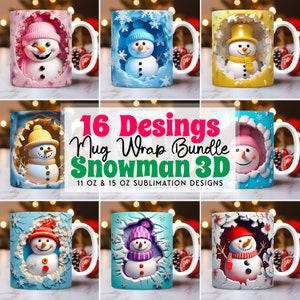 3D Snowman Hole In Wall Mug Wrap Bundle Sublimation Design PNG, 3D Snowman Snowflakes 11oz 15oz Mug Wrap Template, 3D Christmas Mug Design