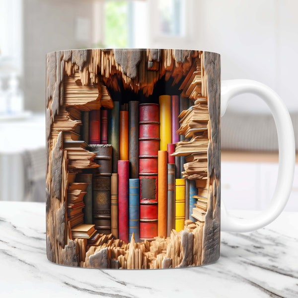 3D Book Mug Wrap, Bookshelf Mug Wrap Sublimation Design PNG, Book Lover Mug Wrap 11oz 15oz Coffee Cup Template ,3D Mug Press Design