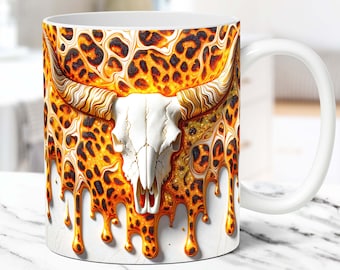 Envoltura para taza con calavera de vaca bohemia en 3D Envoltura para taza con diseño de vaquera occidental Diseño de sublimación Diseño de taza de campo PNG Plantilla para taza de café de piel de vaca de 11 oz y 15 oz