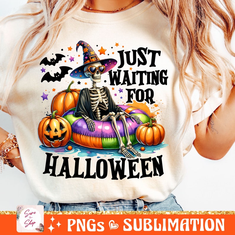 Just Waiting for Halloween PNG, Funny Halloween Png, Spooky Summer Halloween Sublimation Designs, Cute Clipart, Skeleton DTF Shirt Design image 1