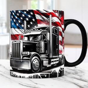 Peut inclure: Un camion semi-remorque noir avec un drapeau américain blanc en arrière-plan. Le camion est sur un fond noir et blanc avec des éclaboussures de peinture blanche.