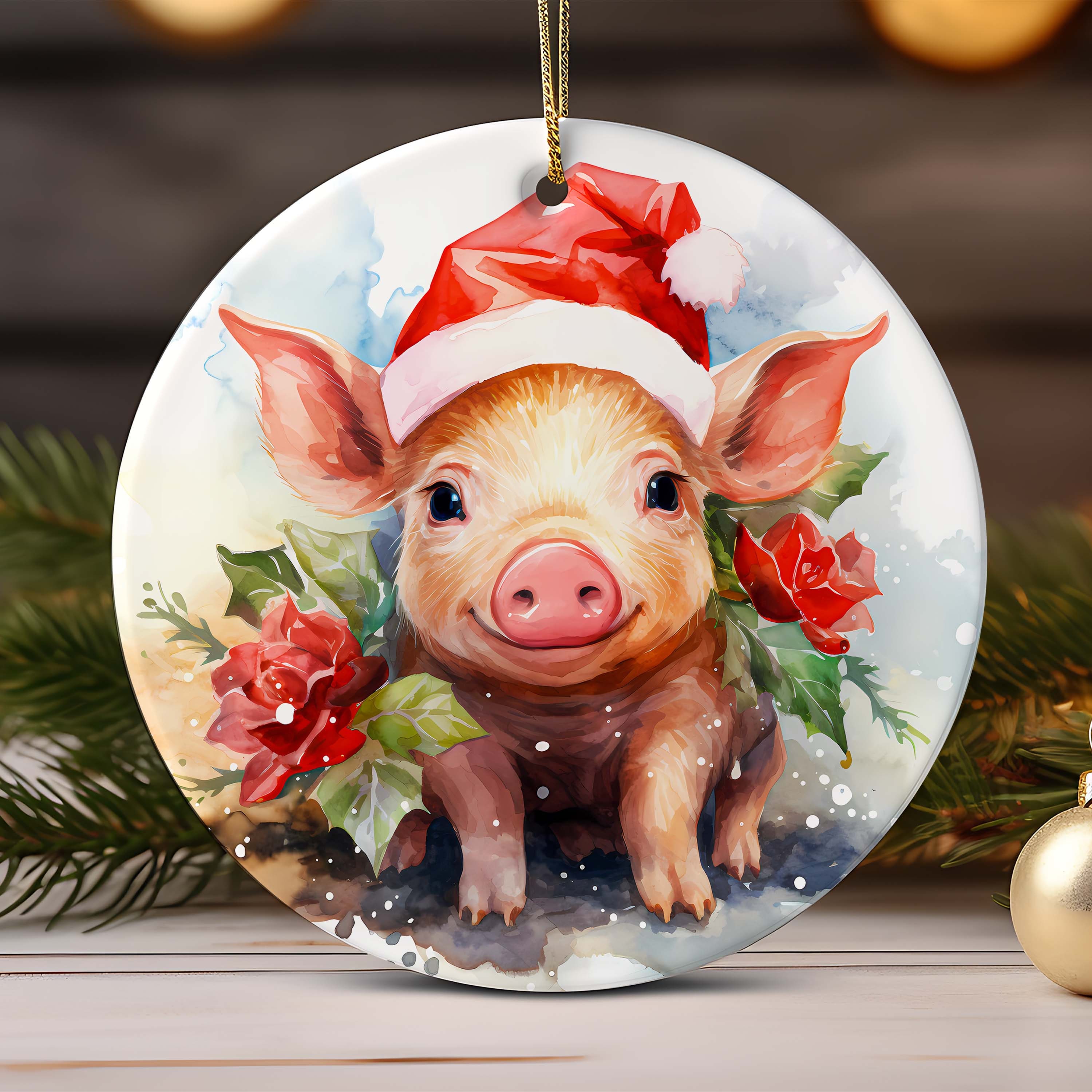 クリスマス動物オーナメントセット昇華デザイン、サンタ帽子をかぶった