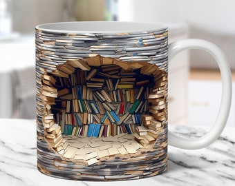 3D-boksmuggomslag, 3D-bokhyllemuggomslag med sublimeringsdesign PNG, 3D-bokälskaremuggomslag, 11oz och 15oz kaffemuggomslag, digital nedladdning