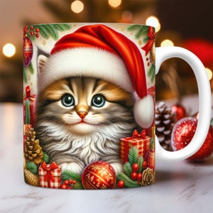 Christmas Cat Mug Wrap Kitten Christmas Mug Wrap Sublimation Design PNG Xmas Cat Mug Press Design 11oz and 15oz Coffee Cup Template