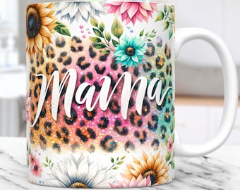 マママグラップ ひまわりマグ PNG昇華デザイン 15オンス 11オンス 花柄グリッター ヒョウ柄 ママライフマグラップ 母の日テンプレート コーヒーカップ