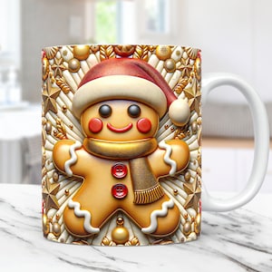 3D-Lebkuchenbecher Wrap Weihnachtsbecherverpackung Aufgeblasene PNG-Sublimationsdesign 11 Unzen und 15 Unzen Kaffeetassenvorlage 3D-Lebkuchenbecher-Pressedesign