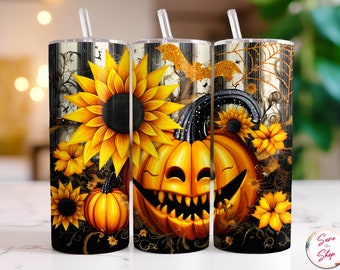 Halloween Tumbler Wrap Sunflowers with Pumpkins Tumbler Wrap Fall 20 oz Skinny Tumbler Sublimation Designs Straight Tumbler PNG