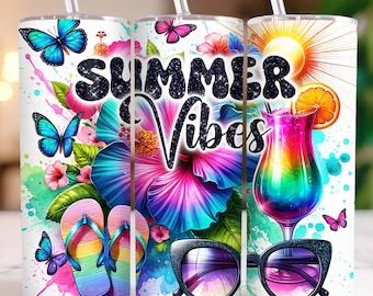 Summer Vibes 20oz Tumbler Wrap Skinny Sublimation Tumbler Design, Hibiscus Tumbler Wrap, Flip Flop Summer Tumbler Png, Digital Download