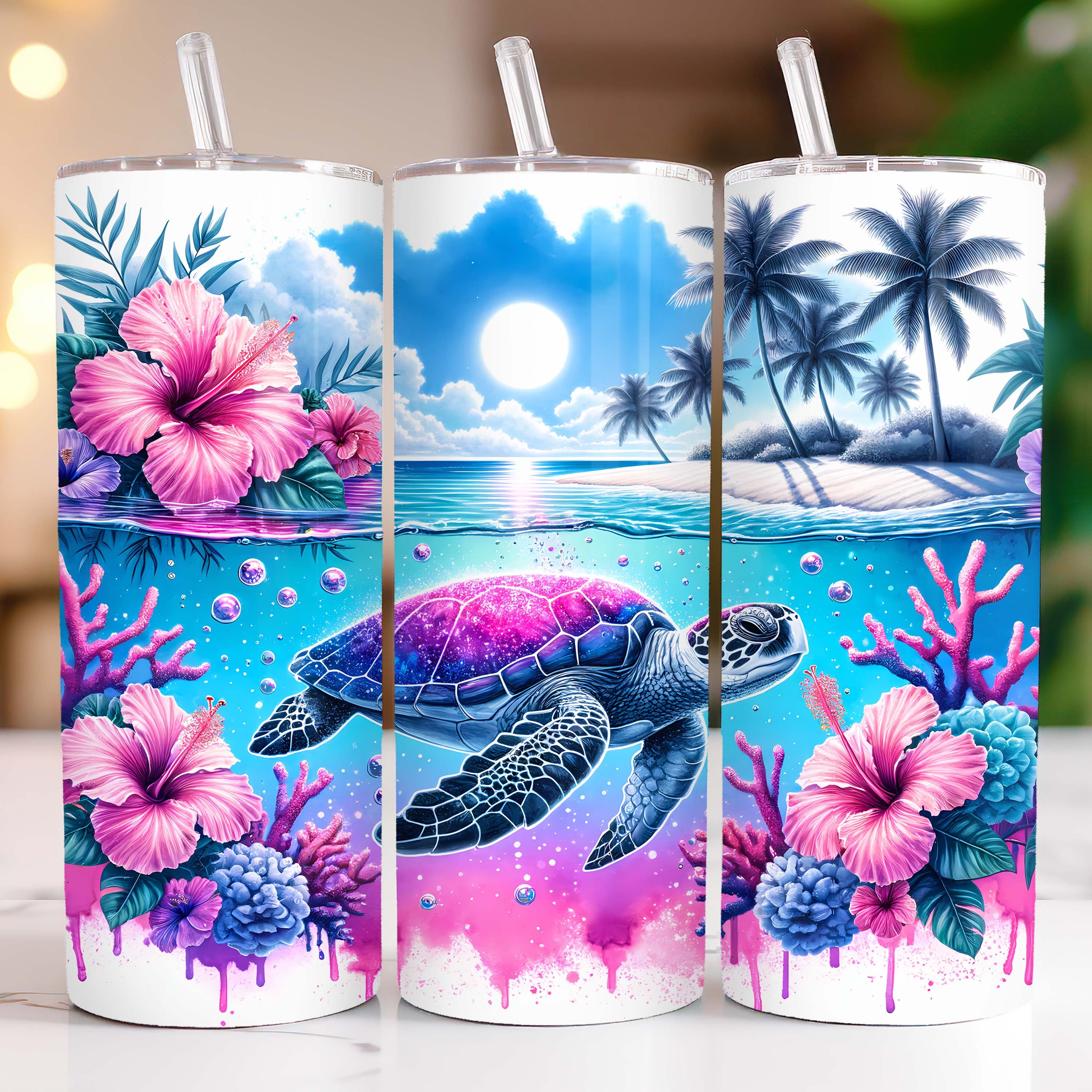 Vaso de tortuga marina de 20 oz, vaso de verano delgado, diseño de sublimación PNG, vaso de tortuga marina de hibisco, descarga digital