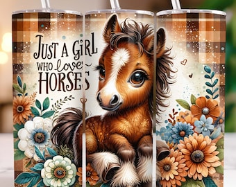 May include: A brown and white horse with big eyes is featured on a tumbler with a plaid background. The tumbler has a straw and the text "Just a girl who loves horses" is printed on the side. The tumbler is surrounded by flowers.