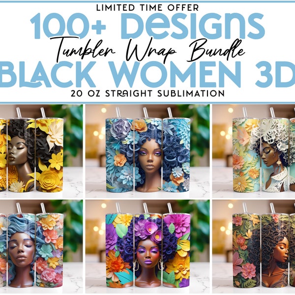 3D Black Women Tumbler Wrap Bundle African American Skinny 20 oz Tumbler Sublimation Design Afro Queen Black Girl Straight Tumbler Wrap PNG